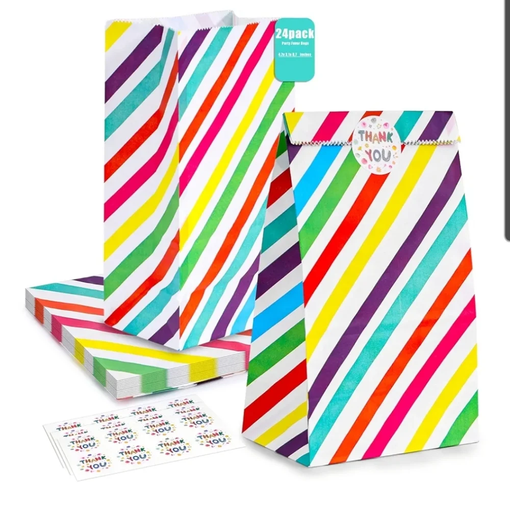 Shindel Rainbow Striped Party Favor Bags With Thank You Sealing Stickers 24 Pcs
